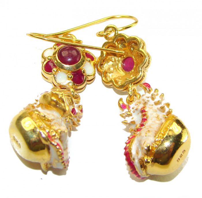 Golden Chipmunks Genuine Ruby Enamel 14K Gold over .925 Sterling Silver handcrafted Earrings - photo 1