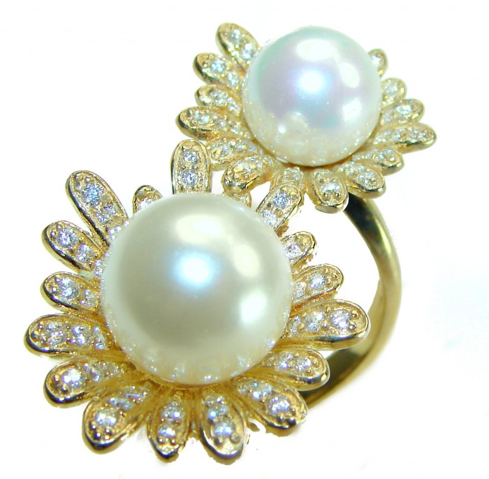 Luxurious 2 Pearls 0.7 carat lab. grown diamonds 18K Gold over .925 Sterling Silver brilliantly handcrafted ring s. 8 1/4 - photo 4