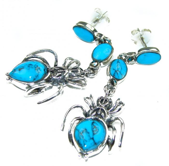 Blue Spiders Natural Turquoise .925 Sterling Silver handmade stud earrings - photo 3
