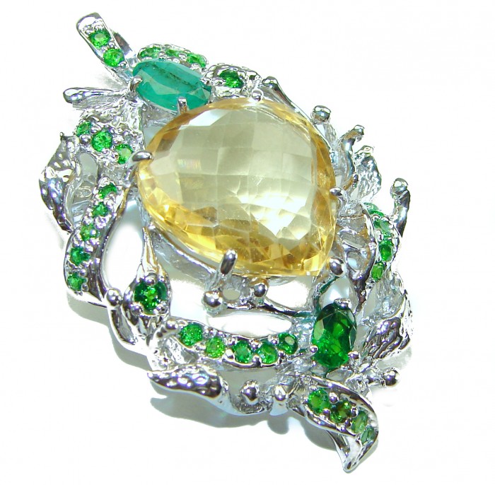 Vintage Design Genuine 18.5 carat Lemon Quartz 9.8 carat Colombian Emerald .925 Sterling Silver handmade Pendant - Brooch - photo 4
