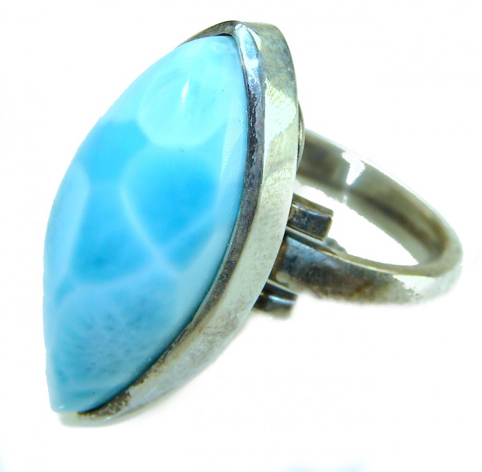 Blue Dream Blue Larimar .925 Sterling Silver handmade Large Solid ring size 7 adjustable - Close-up of Blue Larimar stone in a silver setting, side view.