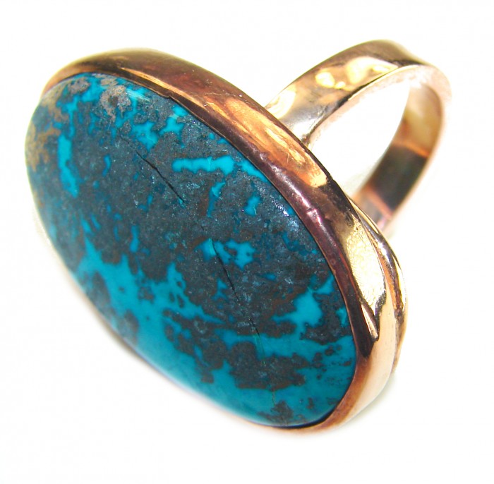 Authentic Parrot's Wing Chrysocolla 18K Gold over .925 Sterling Silver handcrafted ring size 8 adjustable - Close-up of Parrot's Wing Chrysocolla ring with gold setting