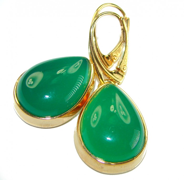 Unique genuine Jade 18K Gold over over .925 Sterling Silver handcrafted earrings - Close-up of jade earrings with 18K gold over sterling silver settings.