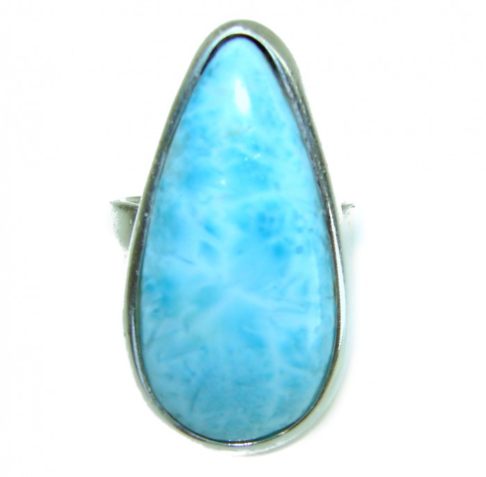 Blue Dreamer authentic Larimar .925 Sterling Silver handmade Large Solid ring size 7 adjustable - Close-up of teardrop Larimar set in .925 sterling silver ring.