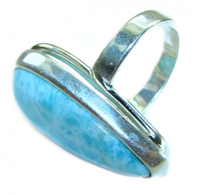 Blue Dreamer authentic Larimar .925 Sterling Silver handmade Large Solid ring size 7 adjustable - Side view of Blue Dreamer Larimar in .925 Sterling Silver ring.