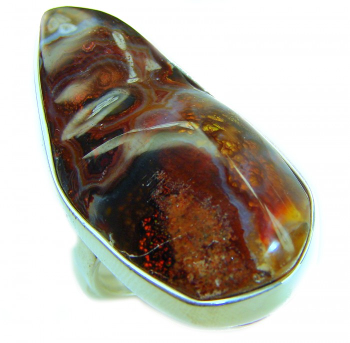 Mystery Genuine 55.2 CARAT Fire Agate .925 Sterling Silver Ring size 8 adjustable - Close-up of Mystery Genuine 55.2 Carat Fire Agate in sterling silver setting.