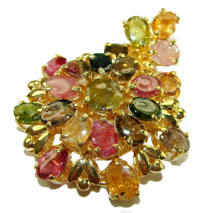 Rio de Janeiro- 17.5 carat Brazailian Watermalon Tourmaline 14K Gold over .925 Sterling Silver handcrafted Pendant - Top view of colorful tourmaline brooch with gold prongs