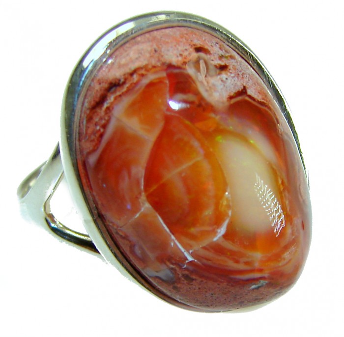 Inner Fire 28.5 carat Authentic Mexican Opal 14K Gold over .925 Sterling Silver handcrafted ring size 8 adjustable - Close-up of Mexican Opal ring in 14K gold setting
