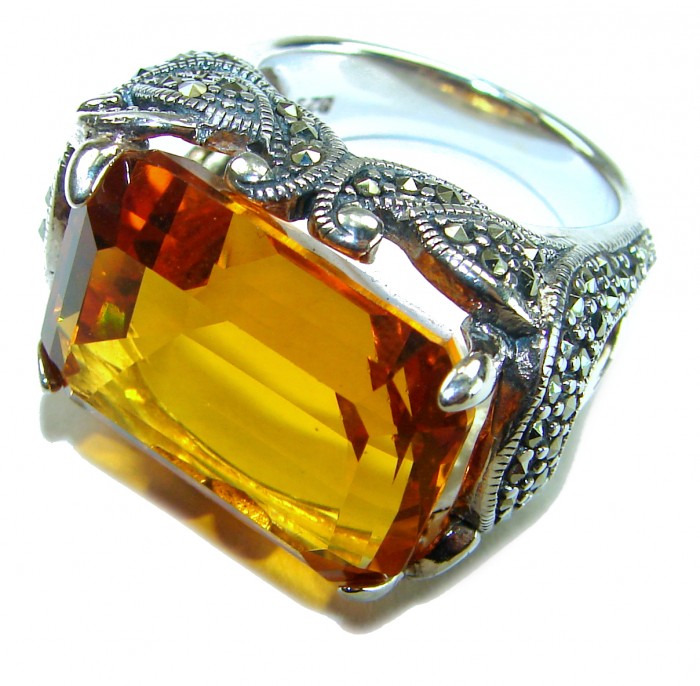 Golden Royalty 34.5 carat Citrine Marcasite .925 Sterling Silver Handcrafted Huge Ring size 8 - Close-up of Golden Royalty 34.5 carat Citrine ring in sterling silver.