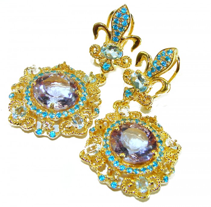 Celtic Spirit authentic fancy cut 22.5 carat Pink Amethyst 18K Gold over .925 Sterling Silver handcrafted Statement earrings - Celtic Spirit earrings with pink amethyst, top view, ornate gold filigree