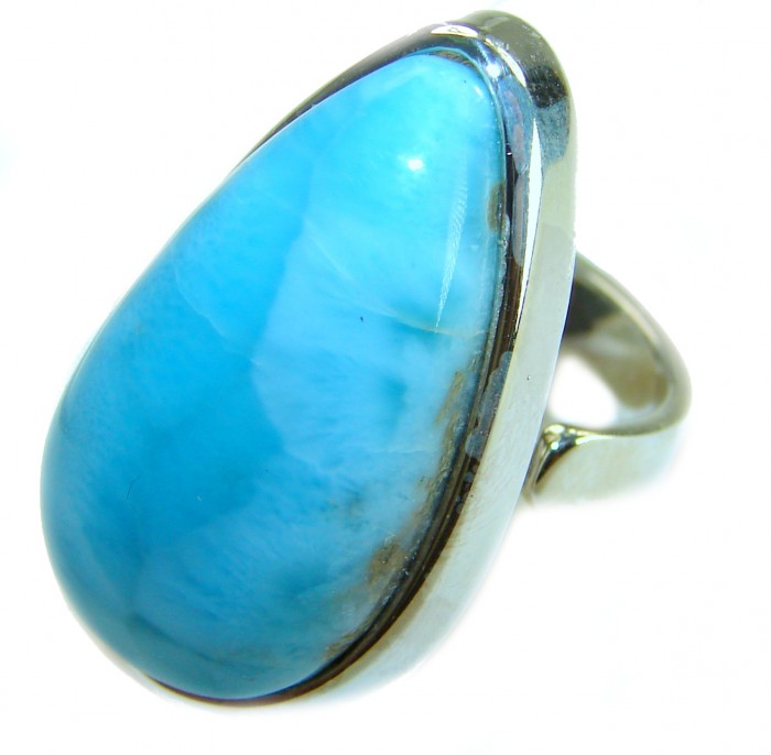 Blue Dreamer authentic Larimar .925 Sterling Silver handmade Large Solid ring size 7 adjustable - Close-up of Blue Dreamer Larimar Sterling Silver ring.