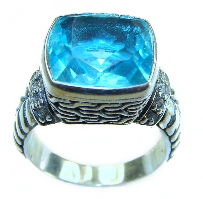 Seaside 15.5 carat authentic Swiss Blue Topaz .925 Sterling Silver handmade Statement Ring size 7 1/4 - Swiss Blue Topaz ring in .925 silver, close-up of stone and band design.