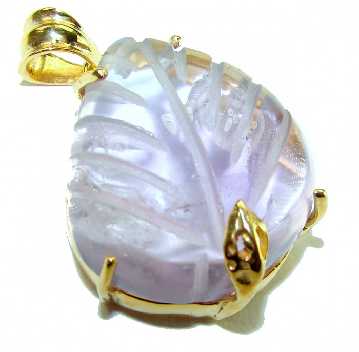Isabella 15.5 carat carved Ametrine 14K Gold over .925 Sterling Silver handmade Pendant - Close-up of carved Ametrine pendant in gold setting, side angle view.