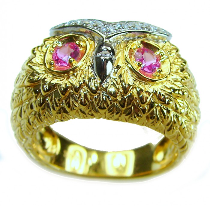 Owl Garnet Eyes .925 Sterling Silver dipped in real Gold handmade Ring size 7 1/4 - Owl ring with garnet eyes, front view, sterling silver, gold dipped.