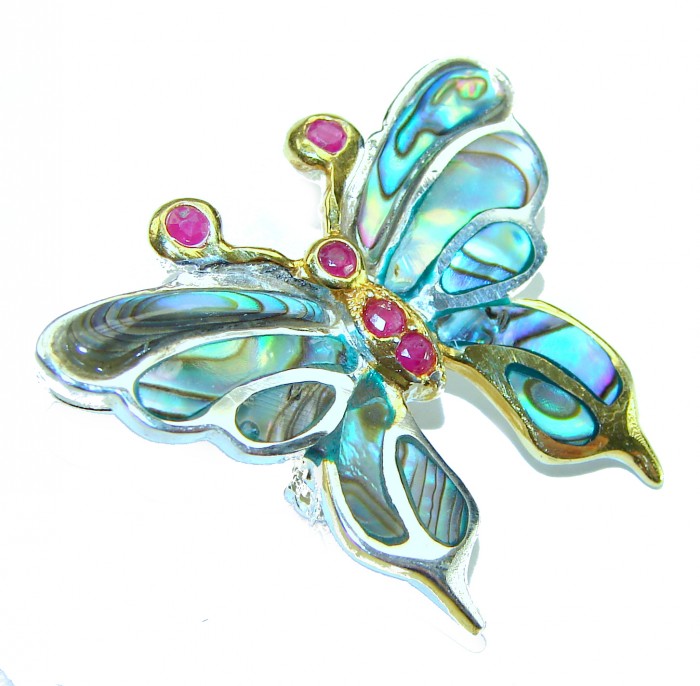 BUTTERFLY Natural Rainbow Abalone 10k GOLD OVER .925 Sterling Silver handmade Pendant - Butterfly brooch with abalone and pink stones, top view.