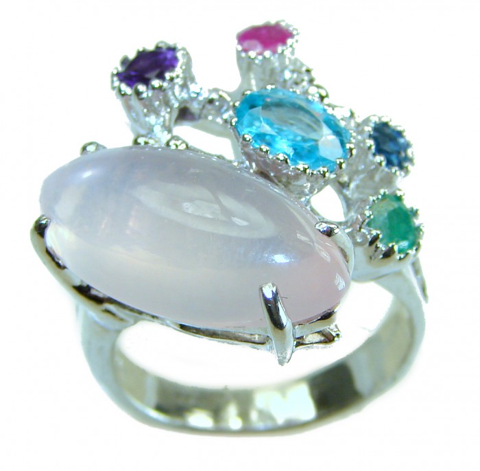 Authentic 10.5 carat Brazilian Rose Quartz .925 Sterling Silver incredible Ring size 8 - Close-up of Brazilian Rose Quartz ring with colorful gemstones.