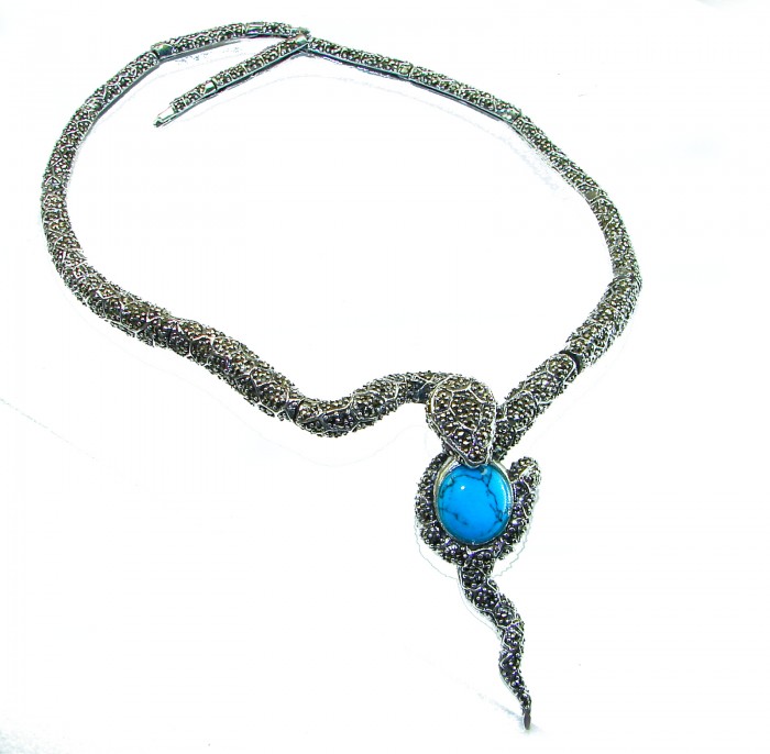 HUGE 84.5 grams Snake design genuine Turquoise .925 Sterling Silver handcrafted Necklace - Snake design turquoise necklace, top view, detailed silver work.