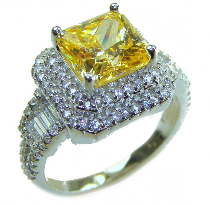 Splendid princess cut 6.2 carat yellow Sapphire .925 Sterling Silver brilliantly handcrafted ring s. 7 - Angled view of yellow sapphire ring with diamond accents
