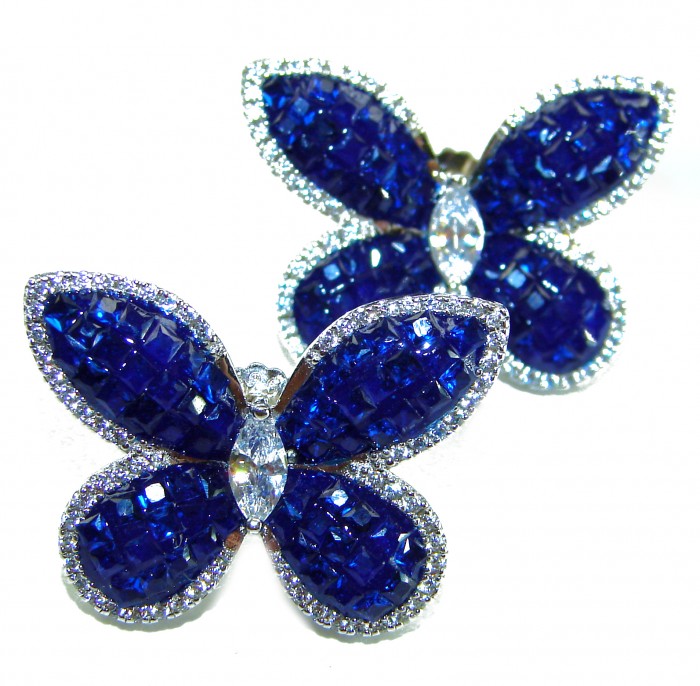Magnificent Jewel Sapphire Butterflies .925 Sterling Silver handcrafted incredible earrings - Butterfly earrings with blue sapphires, front view, sterling silver.