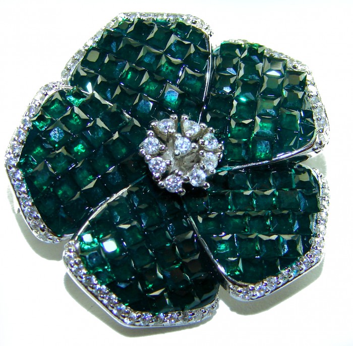 Posh Precious Flower 24.5 carat Emerald .925 Sterling Silver handcrafted pendant - Front view of Posh Precious Flower brooch with emeralds and diamonds.
