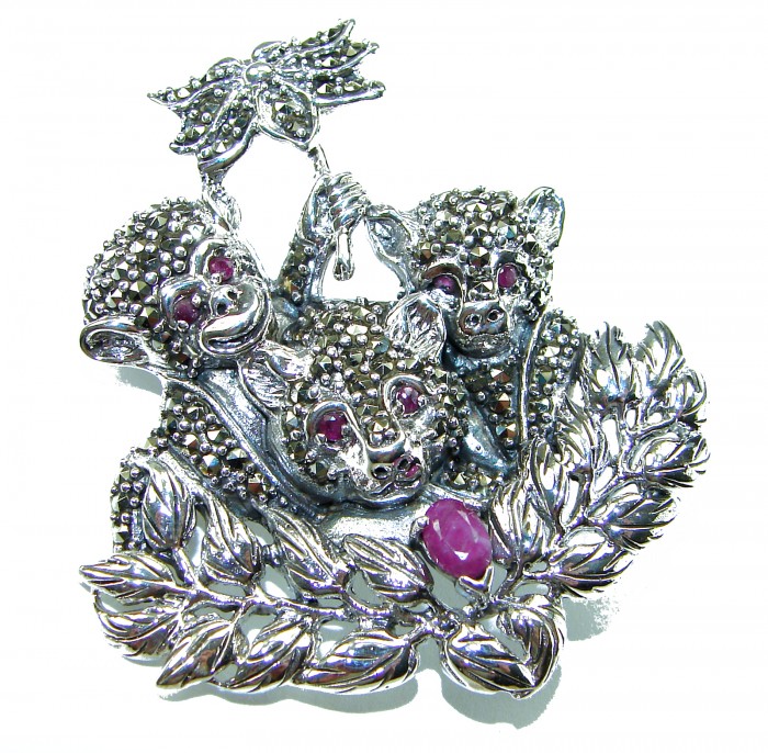 Three Happy Monkeys - Spectacular - Ruby Marcasite .925 Sterling Silver handmade Brooch - Three monkeys brooch with rubies, marcasite, and silver leaf detail.