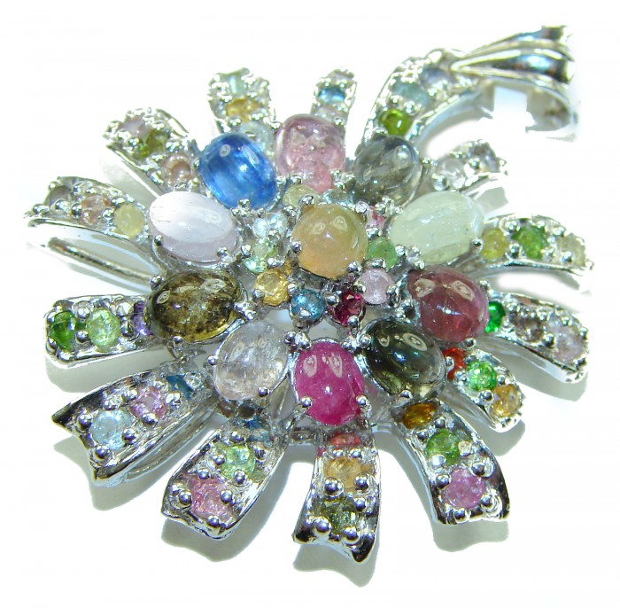 Brazilian Beauty 25.5ctw emerald cut Brazilian Tourmaline .925 Sterling Silver handmade Pendant - Close-up of a multicolored Brazilian tourmaline floral pendant.