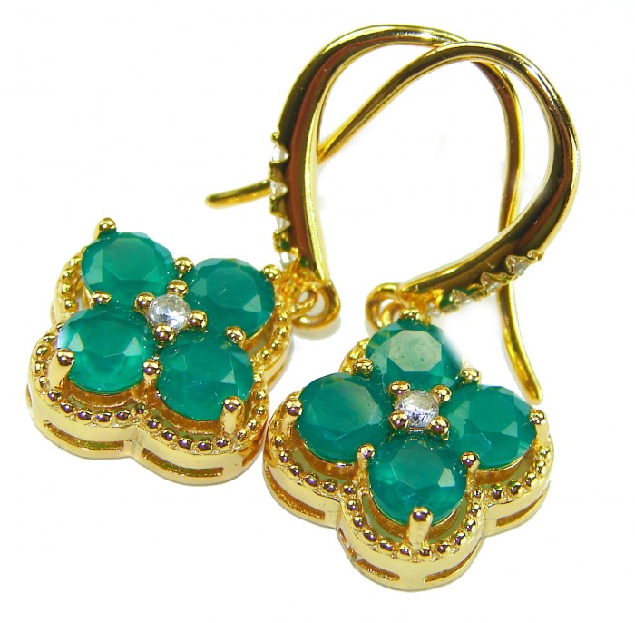 Giovanna - Authentic 8.9 carat Emerlad .925 Sterling Silver dipped in 18K Gold handcrafted earrings - Emerald earrings close-up, gold setting, looped hook detail