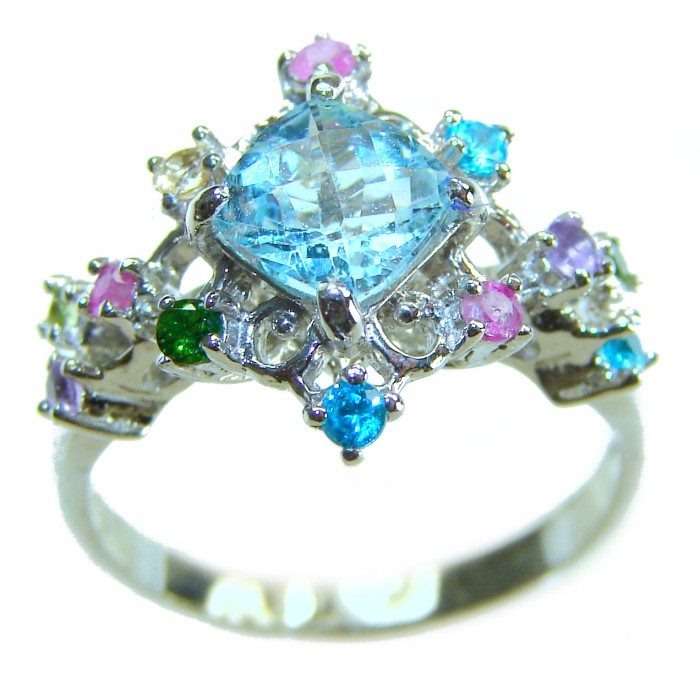 Stella 4.8 carat Swiss Aquamarine .925 Sterling Silver handmade Statement Ring size 7 - Close-up of Stella aquamarine ring with colorful gemstones in silver setting.