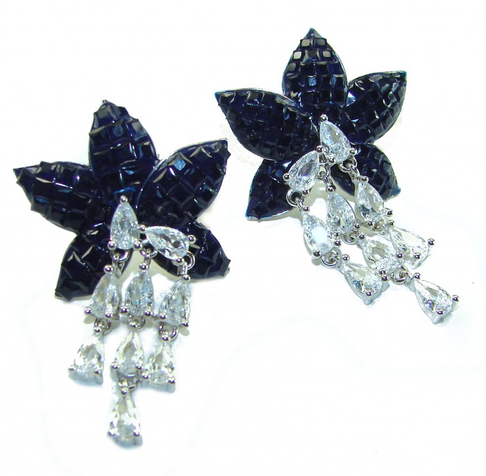 Magnificent Jewel 15.5 carat Sapphire .925 Sterling Silver handcrafted incredible earrings - Front view of sapphire and sterling silver earrings with teardrop stones.