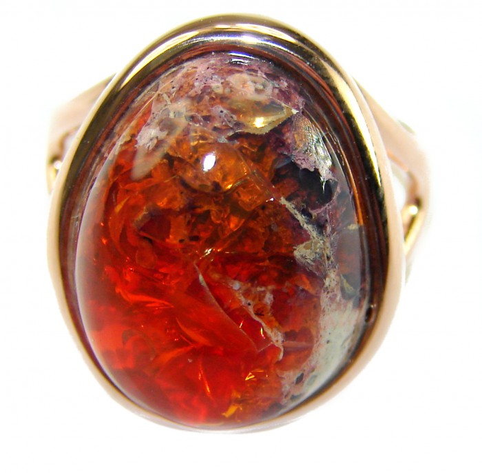 Queen of Fire best quality 14.4 carat Mexican Opal 18K Rose Gold over .925 Sterling Silver handmade ring 8 1/4 - Stone close-up of Queen of Fire 14.4 carat Mexican Opal in 18K Rose setting