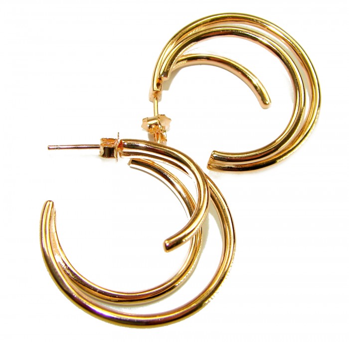 Dubai Style - Golden fantasy .925 Sterling Silver dipped in 22K Gold handmade Large Earrings - Golden hoop earrings, side view, showing triple-loop design.