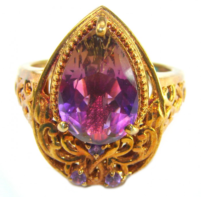 Incredible 14.5 carat Ametrine .925 Sterling Silver dipped in 18K Gold HANDCRAFTED Ring s. 9 1/4 - Close-up of 14.5 carat ametrine ring with intricate gold detailing.