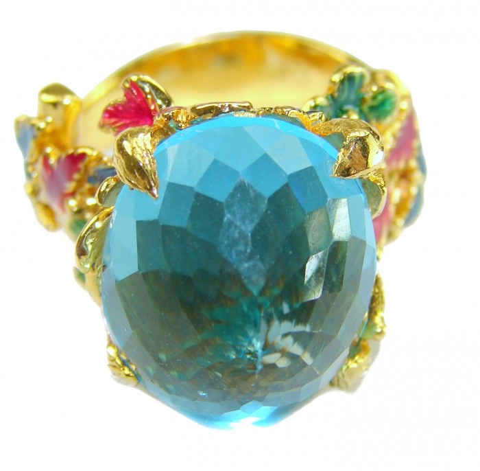 Pacifica - Authentic Fancy Rose cut 44.5 carat Swiss Blue Topaz Enamel 22K Gold over .925 Sterling Silver handcrafted Large Statement ring size 7 1/4 - Close-up of Pacifica ring with 44.5 carat Swiss Blue stone