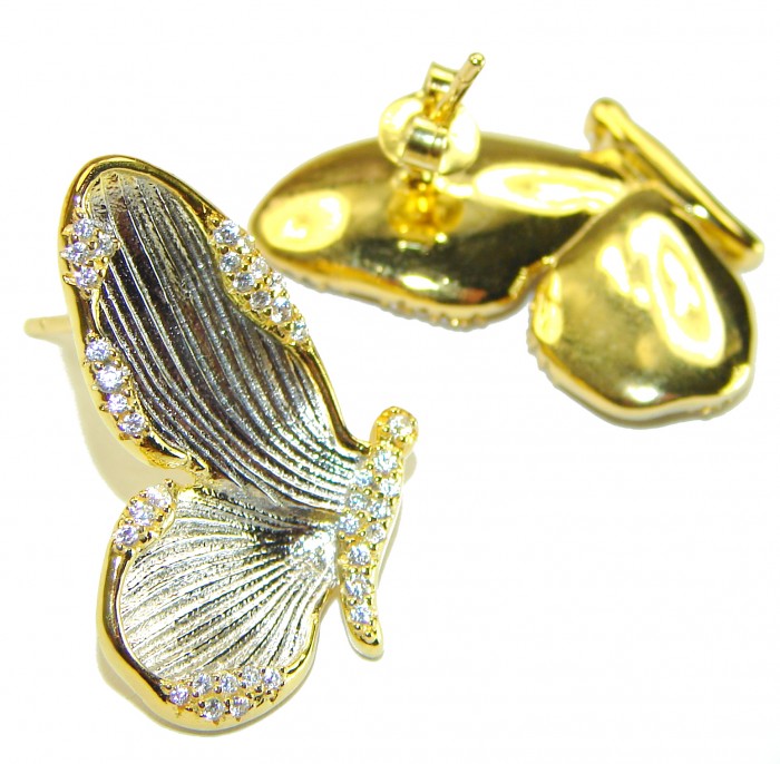 Golden Butterfly White Topaz highly polished 18K Gold over .925 Sterling Silver Italy made Earrings - Golden butterfly earrings with topaz, side and stud detail shown.