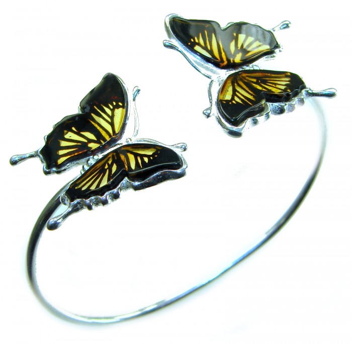 Golden Butterfly Genuine carved Baltic Amber .925 Sterling Silver handamde Bracelet - photo 3