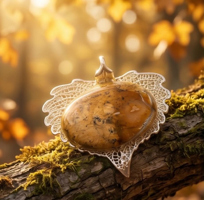 REAL Leaf dipped in sterling silver Picture Jasper & .925 Sterling Silver Pendant - Leaf-shaped pendant with Picture Jasper on mossy log in autumn setting.