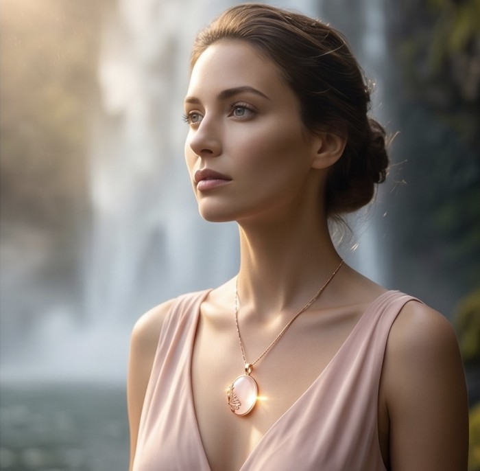 Brazilian Beauty 30.9 carat ROSE QUARTZ 18K Gold over .925 Sterling Silver handcrafted pendant - Woman wearing the Brazilian Beauty rose quartz pendant necklace.