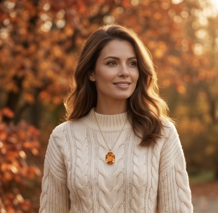 Oval cut 35.3 carat Lemon Quartz 22K Gold over .925 Sterling Silver handcrafted pendant - Woman wearing 35.3 carat lemon quartz necklace in fall setting