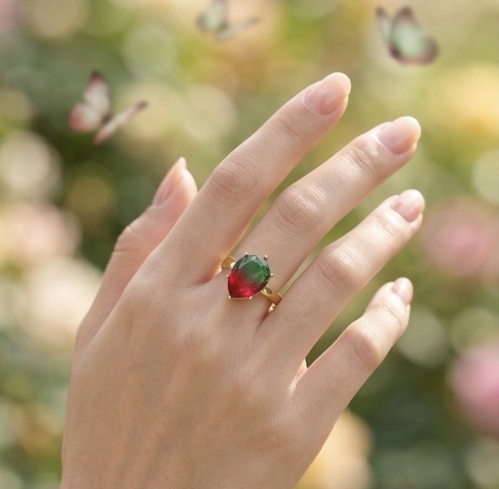 8.8 carat Brazilian Tourmaline .925 Sterling Silver dipped in 18K Gold Perfectly handcrafted Ring s. 8 adjustable - Tourmaline ring on hand with butterflies in background
