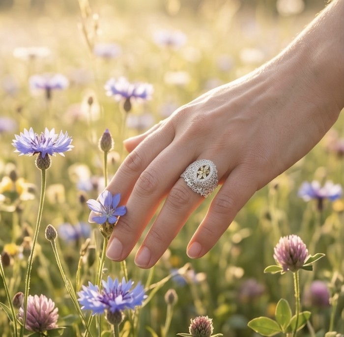Casablanca - authentic 3.4 carat Tourmaline .925 Sterling Silver brilliantly handcrafted ring s. 8 - Ring worn on hand among wildflowers, showcasing design and setting.