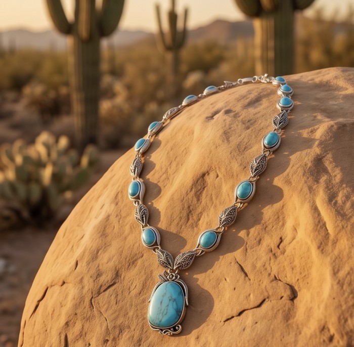 Luxurious Design genuine Turquoise Marcasite .925 Sterling Silver handcrafted Necklace - Necklace on rock in desert, turquoise stones and marcasite details
