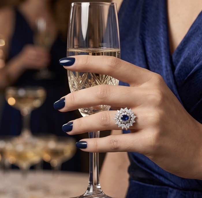 Born to Glam 2.2 carat natural Sapphire .925 Sterling Silver Perfectly handcrafted Ring s. 6 - Worn on hand, sapphire ring with champagne glass, blue dress in background