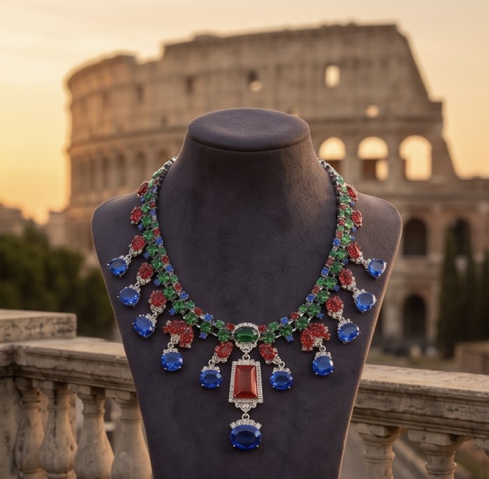 RARE BEAUTY! Valentina 148.2 carat CARVED Ruby Emerald Sapphire .925 Sterling Silver dipped in rhodium Statement Necklace - Necklace display with Colosseum background, frontal view.