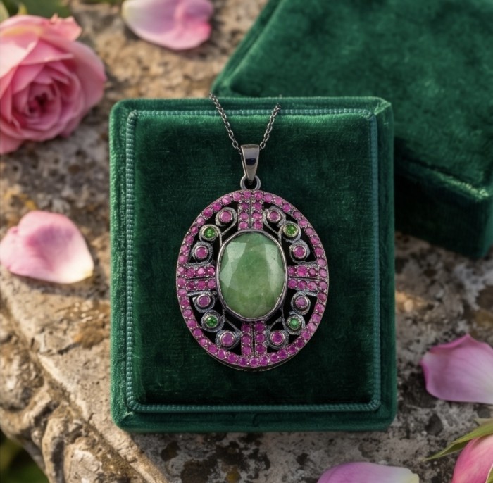 Brazilian Beauty 14.5ctw OVAL cut Brazilian Tourmaline black rhodium over .925 Sterling Silver handmade Pendant - Pendant on green velvet box, featuring Brazilian Tourmaline stones.