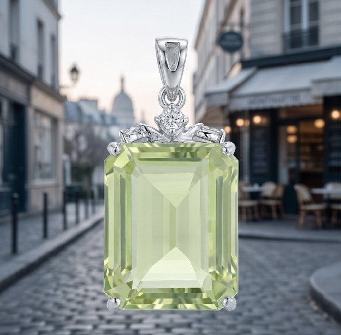 Green Ivy 12.9 carat Lemon Quartz .925 Sterling Silver dipped in rhodium handcrafted pendant - Front view of Green Ivy 12.9 carat Lemon Quartz pendant in silver setting