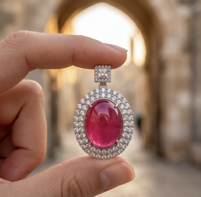 Rare 16.2 carat authentic Kashmir Ruby rhodium over .925 Sterling Silver handmade Statement Pendant - Close-up of a 16.2 carat Kashmir Ruby pendant held between fingers.