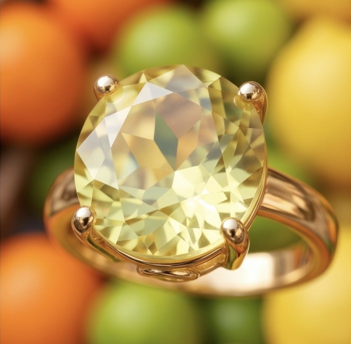 Solid 8.8 carat Genuine Lemon Quartz 18K Gold over .925 Sterling Silver handcrafted ring size 6 - Close-up of lemon quartz ring in 18K gold setting with colorful background.