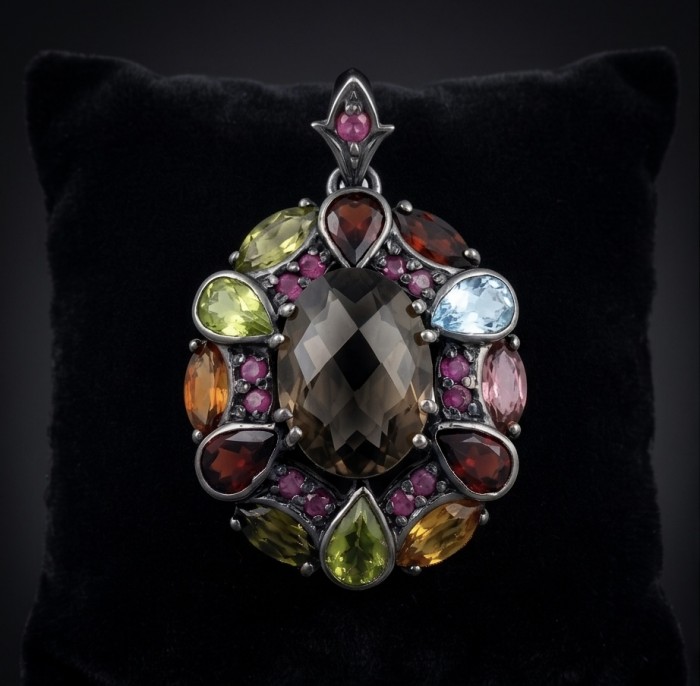 Vinatge Traesure Authentic 10.5 carat carved Smoky Topaz black rhodium over .925 Sterling Silver handmade Statement Pendant - Vintage treasure pendant, front view, smoky topaz with colorful gemstones.