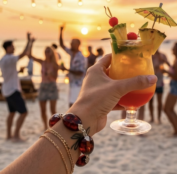 Excellent quality Cognac color Baltic Amber .925 Sterling Silver entirely handcrafted Bracelet - Hand wearing Cognac Baltic Amber bracelet at a beach party.