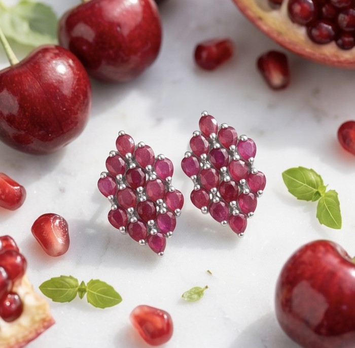 Giuseppina - Magnificent 10.8 carat authentic Ruby rhodium over .925 Sterling Silver handcrafted Statement earrings - Ruby earrings with fruits and leaves, top view on marble background.